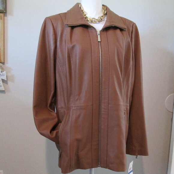 Michael Kors Ladies Washed Leather Jacket – XL – Vintage Luggage Brown - Picture 2 of 10
